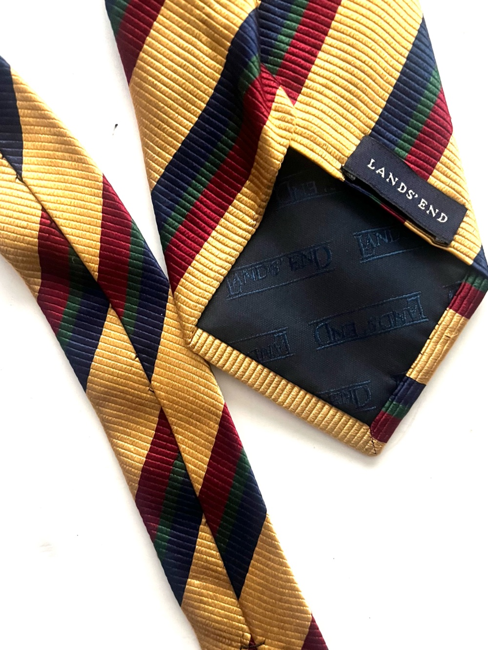 Vintage Lands' End Gold Stripe Silk Tie with Navy, Red & Green